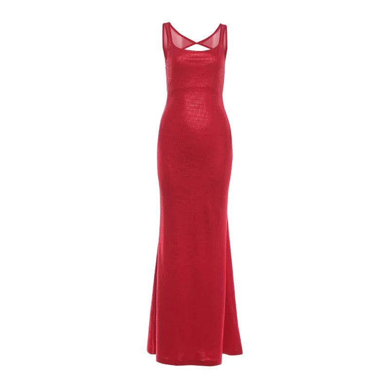 Christmas Backless Sequin Dress Women Sexy Sleeveless Low-Neck Stretch Skinny Elegant Fashion Party Club Maxi Bodycon