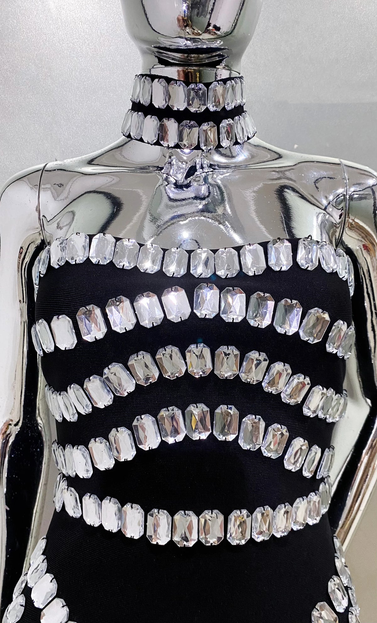Sparkly Big Crystal Women Sexy Strapless Bodycon Mini Bandage Dress Necklace Celebrate Nightclub Party Photo Shoot Wear