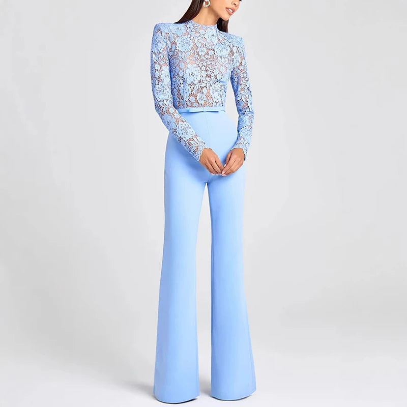 Jacquard Lace High-waisted Jumpsuit Embroidery Crochet