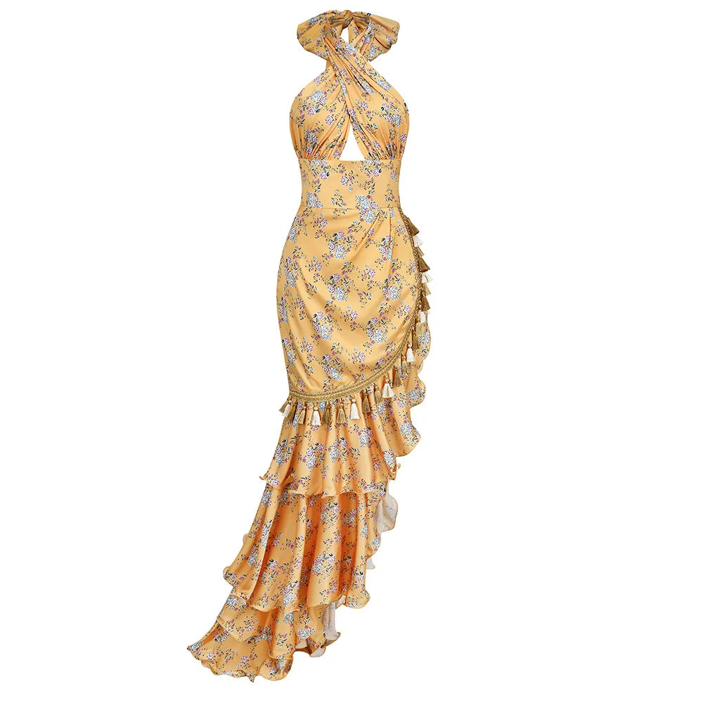 Beautiful Yellow Neck Fringe Floral Skirt Sexy Sleeveless Dress