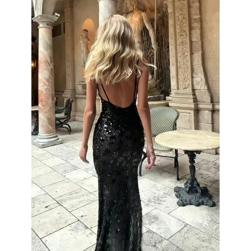 Sequin Deep V-neck Long Dress Women Chic Sleeveless Spaghetti Strap Backless Mermaid Robes Lady Sexy Evening New Party Dresses