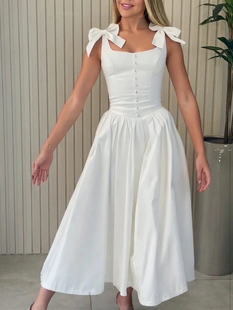 White Waist Cinching Vintage Midi Dress