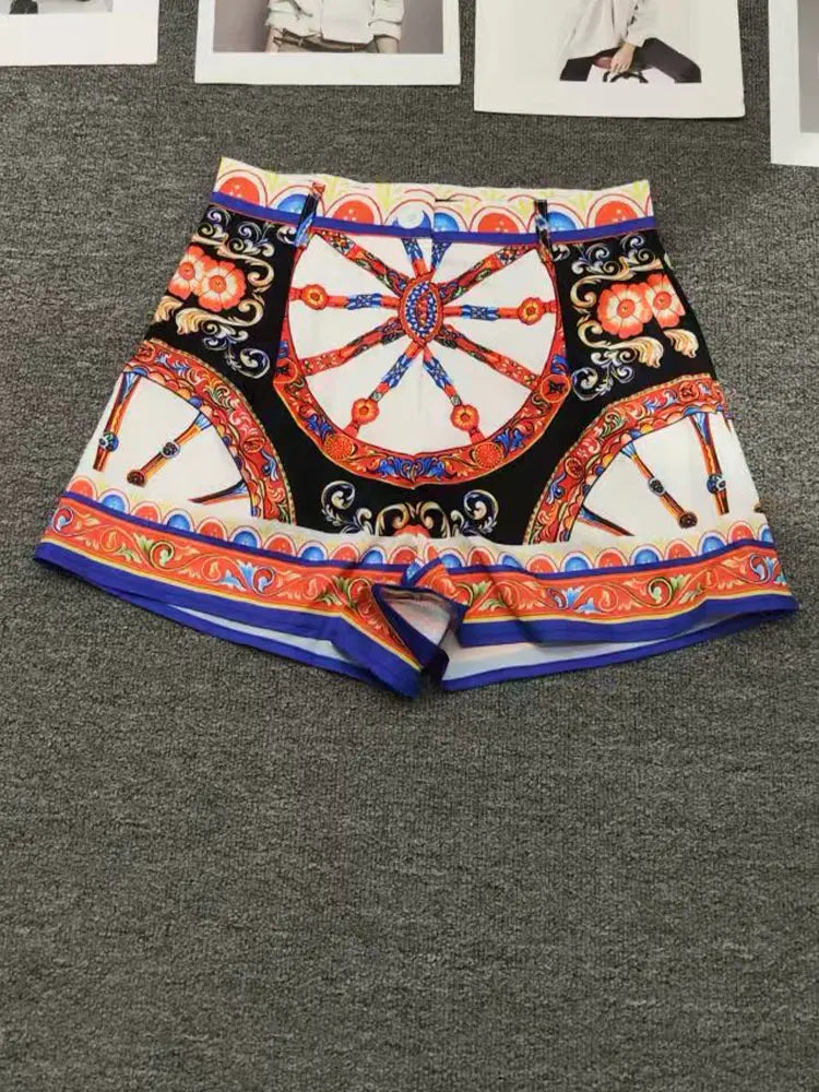 Fashionable and sexy word-neck printed waist-less blouse new summer two-piece pants+high waist shorts holiday women's suit - Shellss