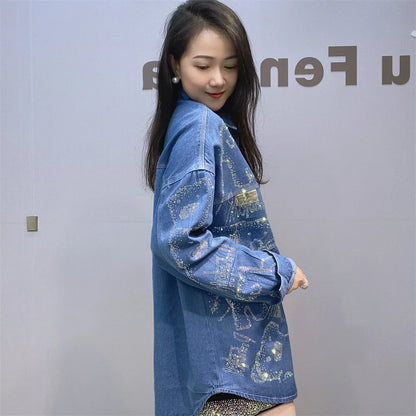 Women Hot Drilling Animals Sequined Denim Shirt Autumn Rhinestones Jeans Jacket Crystal Cowboy Cardigan Single Breasted Tops