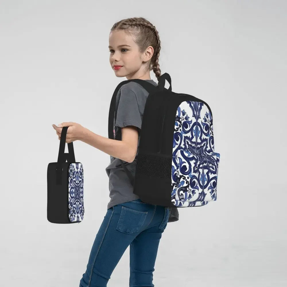 Blue Ornate Floral Mediterranean Sicilian Tile Backpacks Bookbag Children School Bags Rucksack Lunch Bag Pen Bag Three-Piece Set