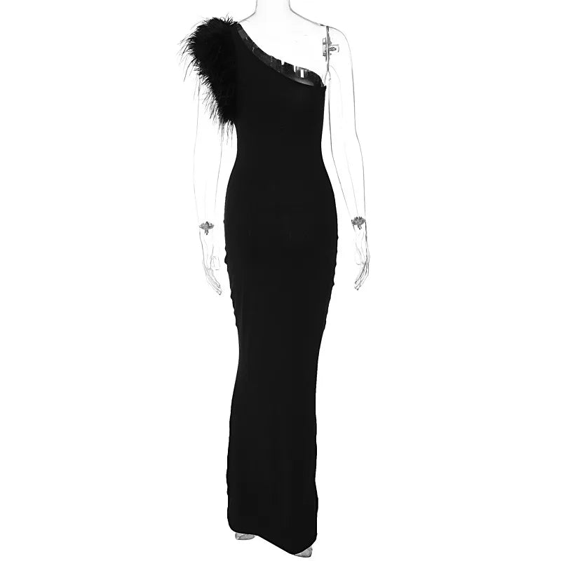 Dulzura Black Sleeveless One Shoulder Feather Maxi Premium