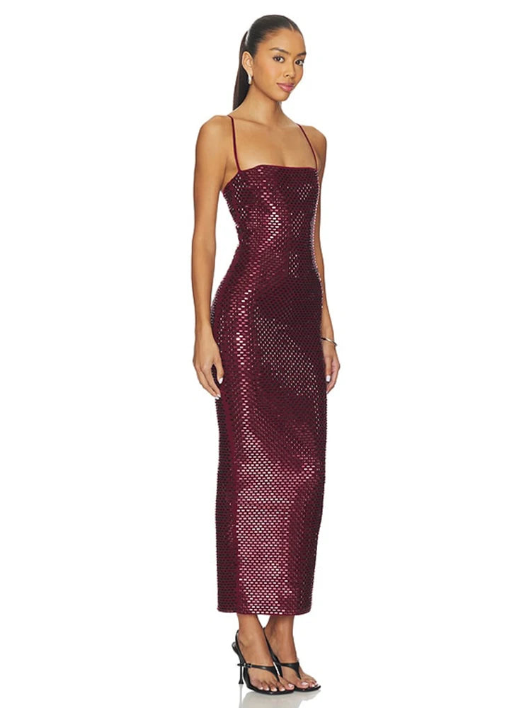 Burgundy Sequin Spaghetti Strap Midi Dress Bodycon Sparkly Evening Party Cocktail Formal Dress Women's Slim Fit Backless Gown