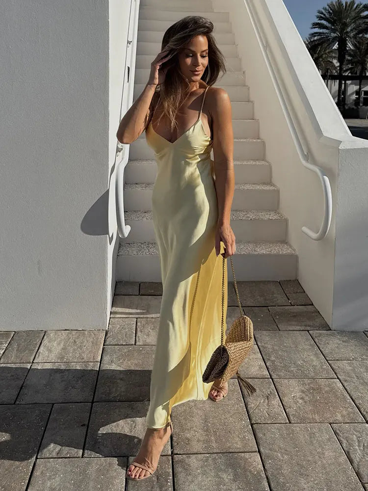 Yellow Pink Stain V Neck Sling Dress - Shellss
