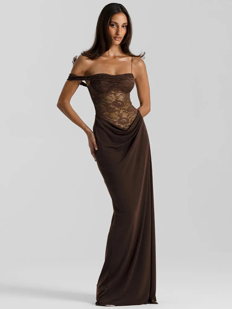 Brown Sheer lace and satin Dress Clio