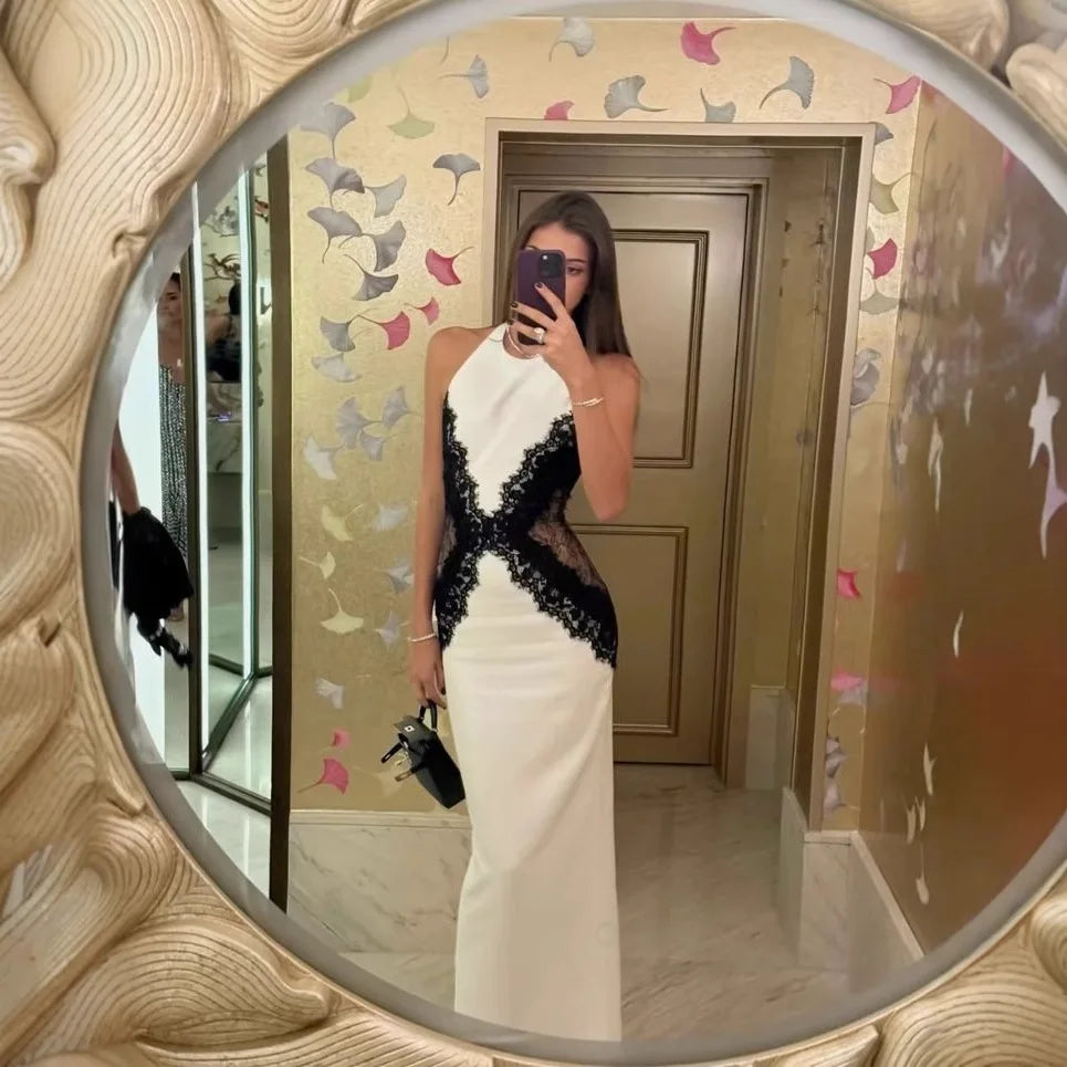 White Black Net Halter Backless