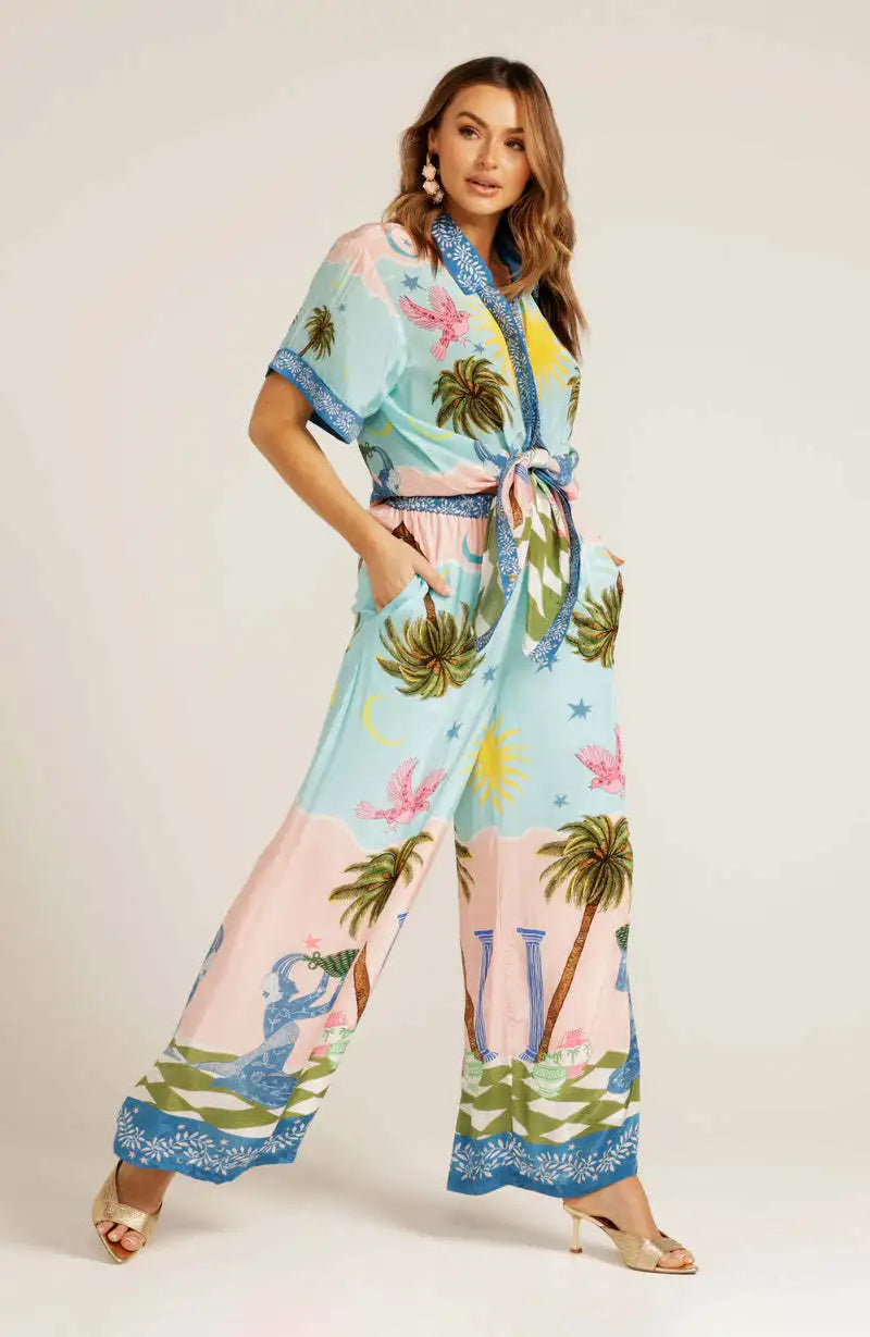 Printed Short Sleeve Tether Set Women's Fashion Ensemble Long Pants Winter Season Brand Unbranded Three-piece Combination - Shellss