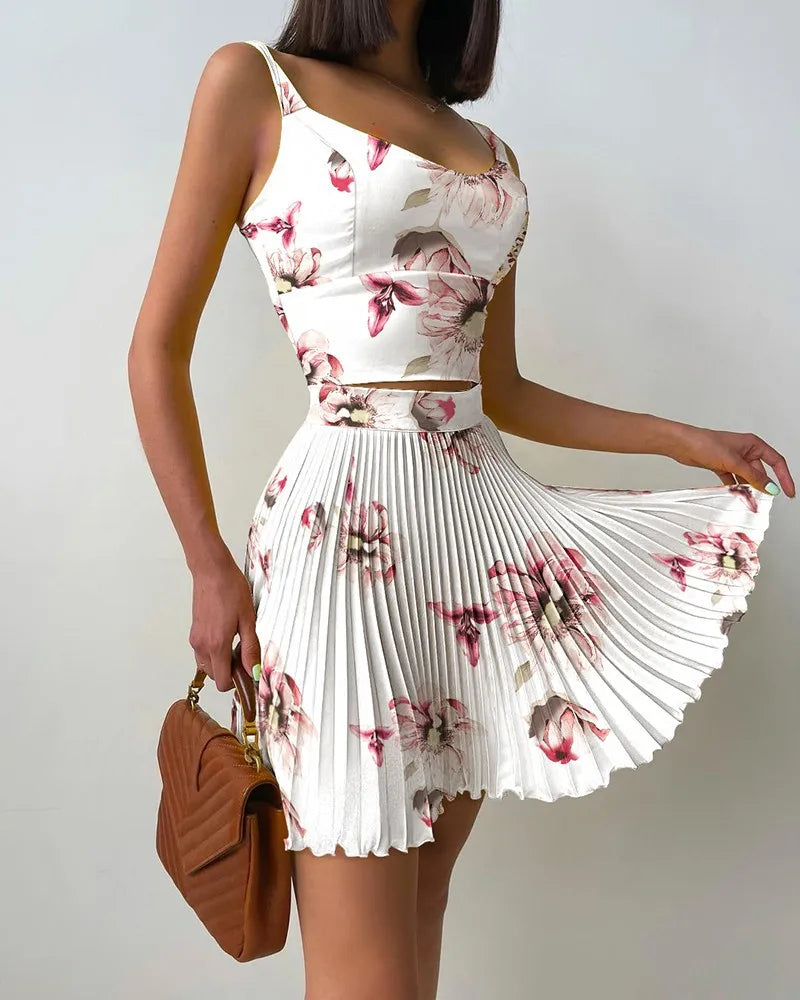 Two Piece Set Mini Print Pleated Skirt Set