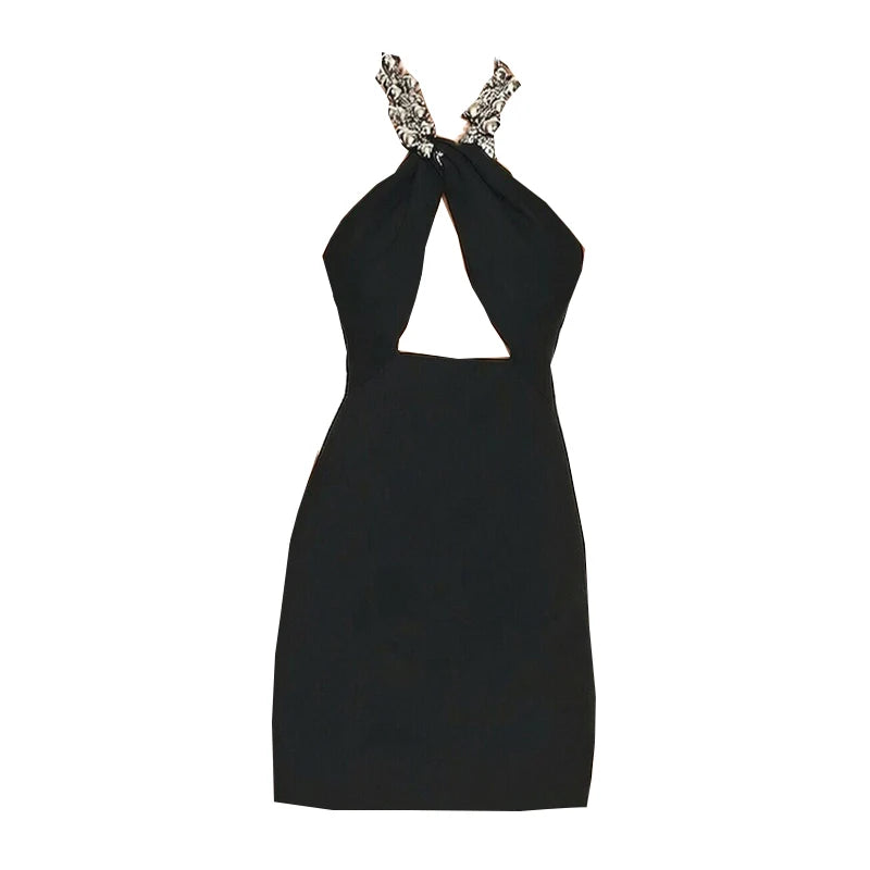 Women's Summer Halter Neck Sparkling Beaded Backless Mini Dress with Bandage Detail for Nightclubs, Birthday Parties