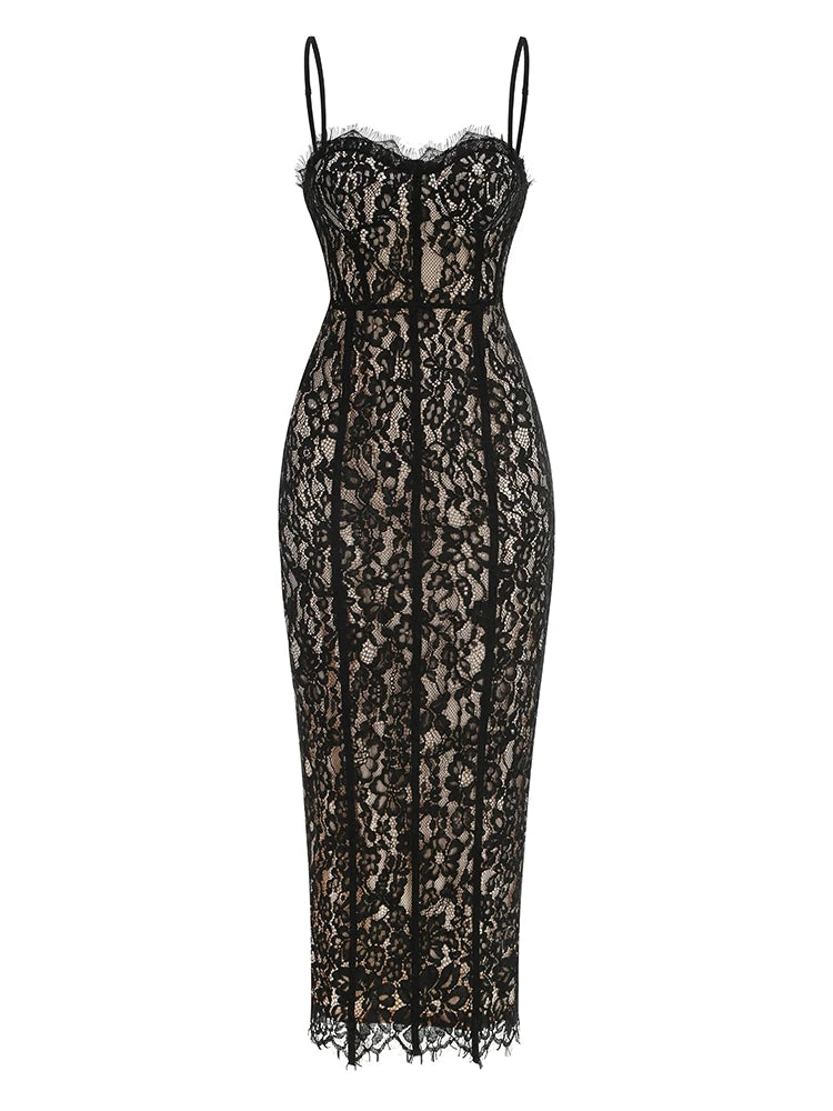 Sexy Spaghetti Strap V Neck Lace Long Dress Women Black Floral Lace Sleeveless Bodycon Dresses Elegant Evening Celebrity Party - Shellss
