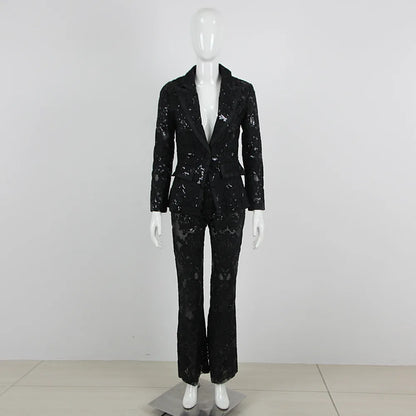 HIGH STREET Newest 2024 Designer Runway Suit Set Women's Single Button Guipure Lace Blazer  Flare Pants Set