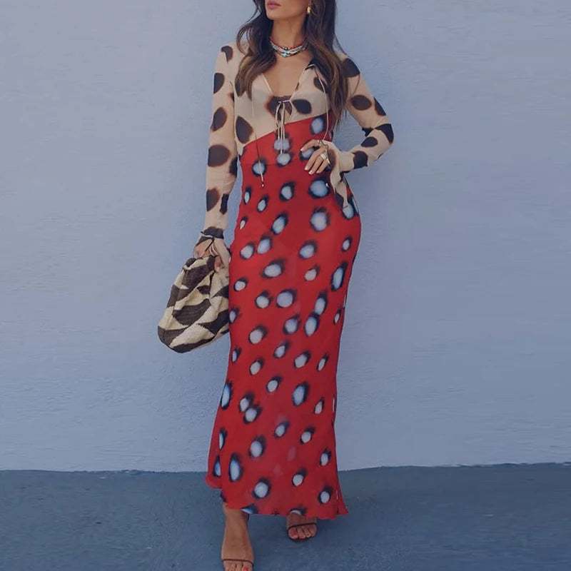 V Neck Lace Up Women's Casual Dress New Thin Mesh Spring Summer Dress Polka Dot Print Flared Sleeves Slim Fit Yacht Party Dress