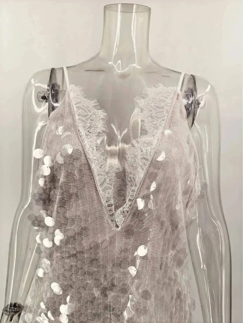 Sexy Sheer Sequin Lace Trim Spaghetti Strap Maxi Dress Deep V‑Neck Backless Bodycon Dresses Beach Vacation Evening Party Gown