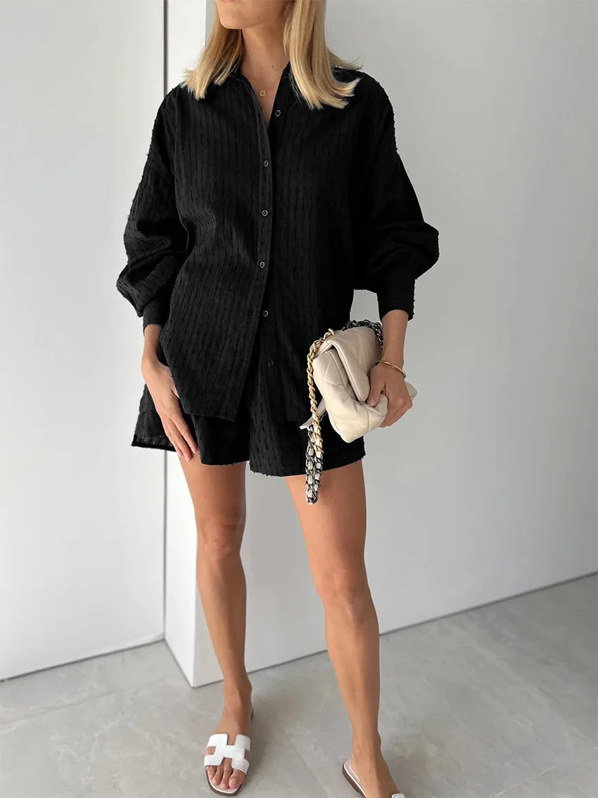 Elegant Jacquard Solid Color Shirt & Shorts Two-Piece Set