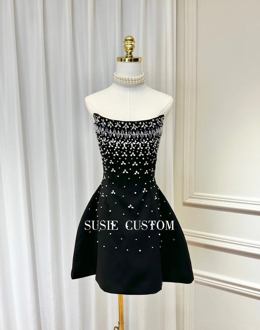 Fishbone Design Diamond Decorated A-Line Gown Heavy Embellishment Strapless Ball Gown Skirt Flounce Summer Dress