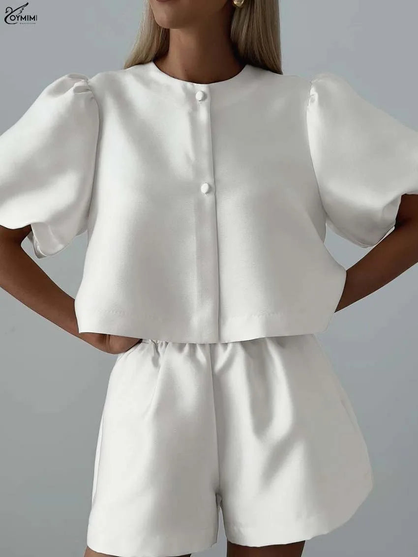 White Satin 2 Piece Sets Puff Sleeve