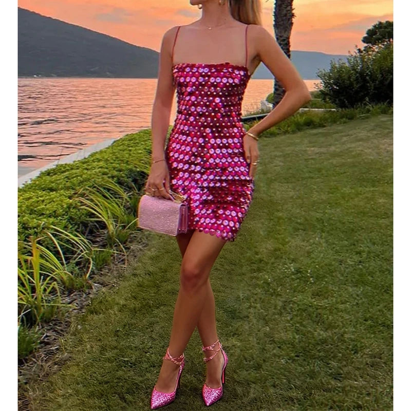 Women Party Club Shiny Sequined Backless Cami Dress Y2k Sparkly Slim Fit Adjustable Thin Spaghetti Strap Mini Bodycon Slip Dress