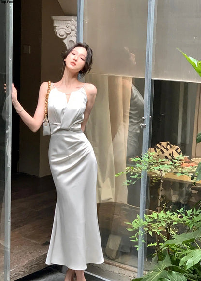 Chic Solid Party Prom Dress Elegant White pearl