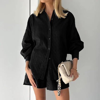 Elegant Jacquard Solid Color Shirt & Shorts Two-Piece Set