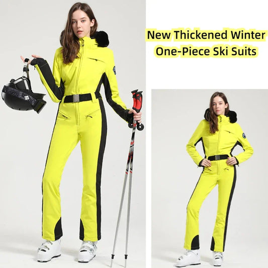 One-piece Ski Suit Women Thickening Snowboard Female Overalls Winter Windproof Waterproof Breathable Clothing Skiing Suit