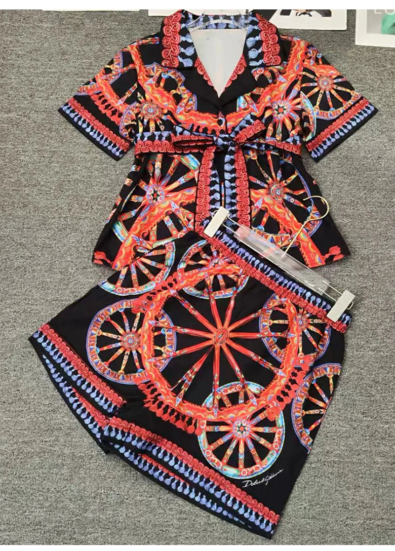 Elegant Retro Wheel Print Two-Piece Suit for Women Short Sleeve Lapel Lace-Up Shirt with Elastic Waist Shorts Summer Fashion - Shellss