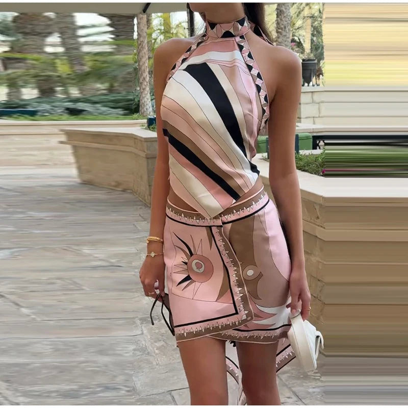 Women Geometric Printed Tank Shorts Skirt 3 Pieces Sets Halter Irregular Skirts  Backless Vest Wide Leg Shorts Holiday Lady Suit - Shellss