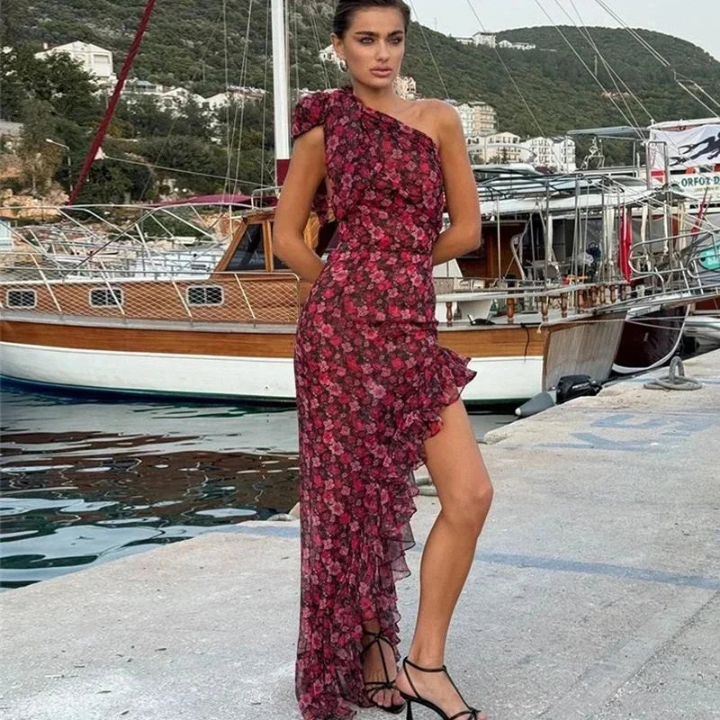 Floral One-Shoulder Chiffon Asymmetrical dress