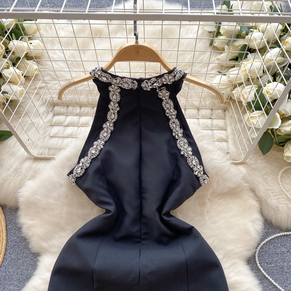 French Chic Elegant Mini Dress Sequined Beading Halter Off-shoulder Sleeveless Vestidos De Mujer Female Evening Dresses Dropship