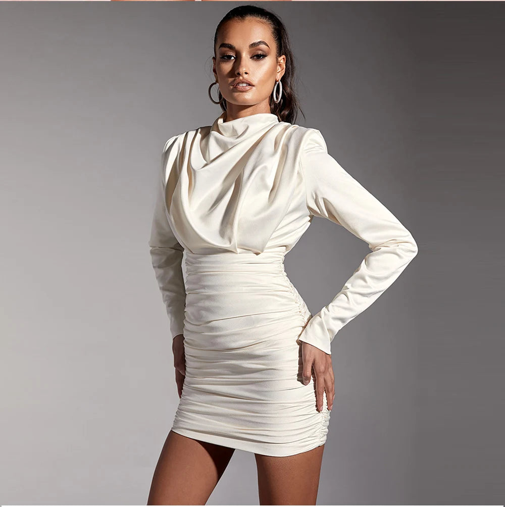 Satin Fashion High Neck Long Sleeve Slit Elegant Women's Dress