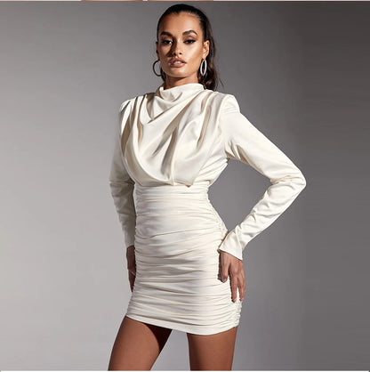 Satin Fashion High Neck Long Sleeve Slit Elegant Women's Dress