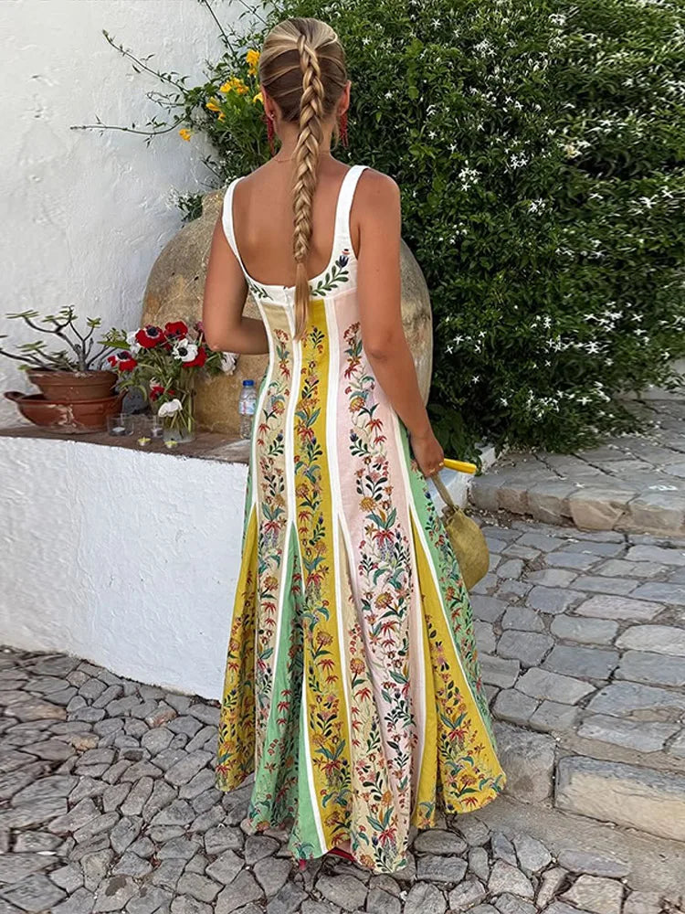 Women's Floral Print Linen Blend Maxi Dress Sweetheart Neckline Sleeveless Panelled Form With Contrast Floral Print