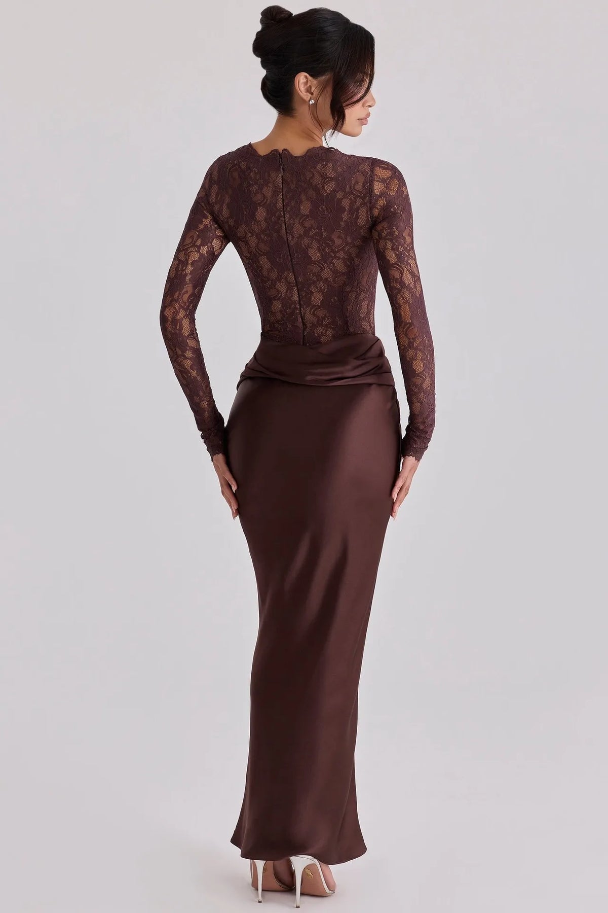 Sexy Women Lace Patchwork Long Sleeve Maxi Dress Elegant Satin Bodycon Evening Party Prom Dress Formal Wedding