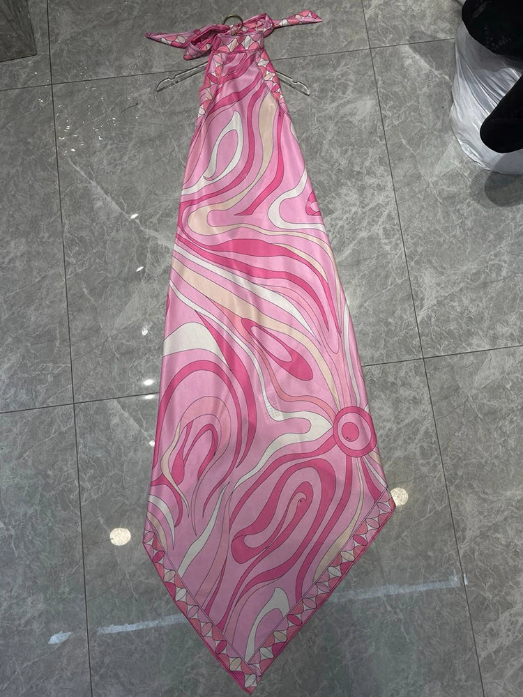 2026 Summer Women's Clothing Retro Geometric Print Sexy Backless Sleeveless Halter Dress Fashion A-Line Irregular Skirt - Shellss