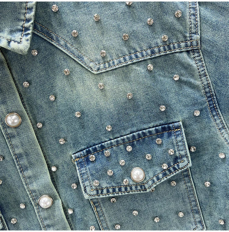 Denim Rhinestones Mid-length Shirt