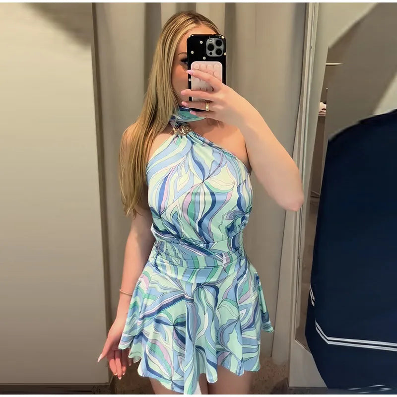 Print Women Dress Backless Mini Dress Halter High Waist Dresses Flared Skirt Hem Waist Shaping Slimming Casual Trendy Street Sty