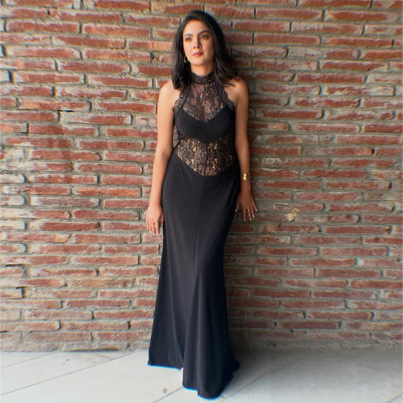 HXAO Halter Women's Lace Dress Summer Corset Elegant Party Dresses Off Shoulder Sexy Vacation Black Dress Semi Sheer Maxi Dress