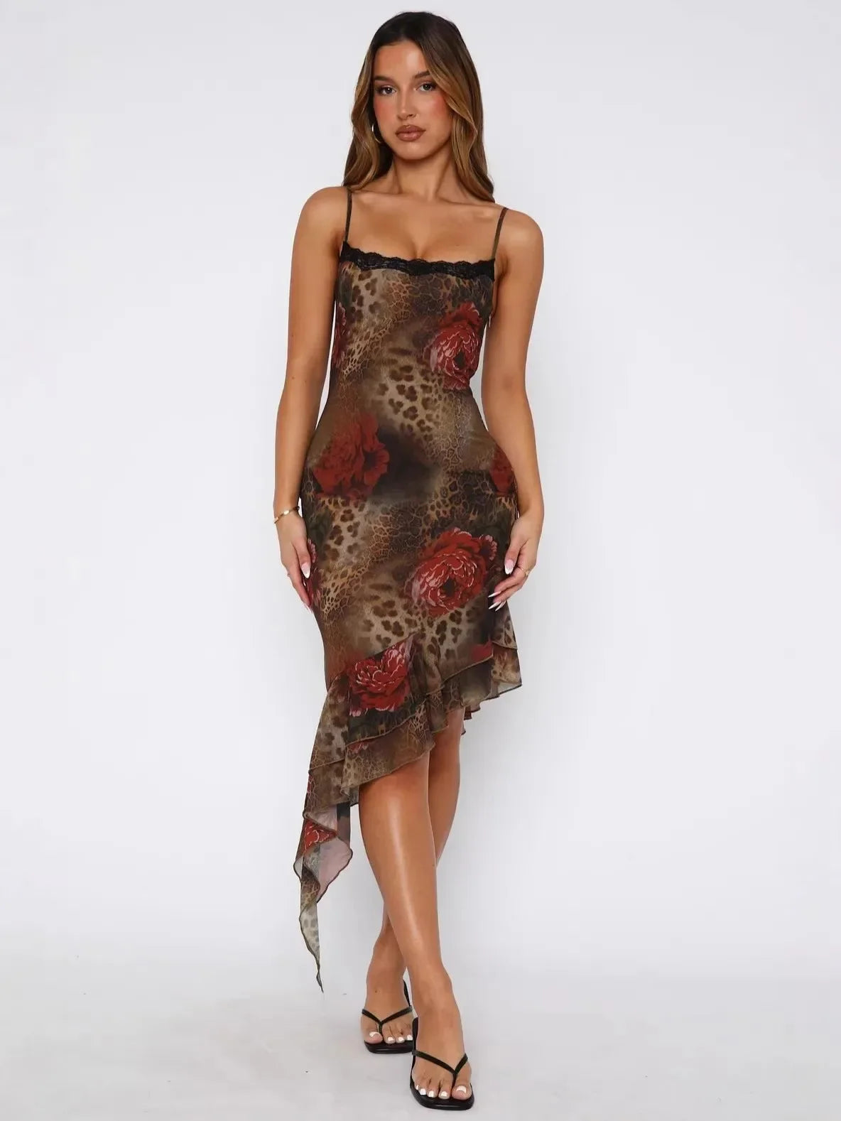 Summer Strap Leopard Lace Split Sexy Long Dress Women's Elegant Patched Chiffon Sleeveless Backless Beach Evening Dress - Shellss