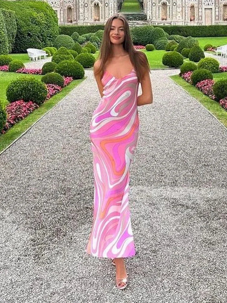 Sexy Printed Sling Long Dress Women Sleeveless Backless High Waist Slim Dresses Female 2026 Summer Beach Vacation Robes Lady