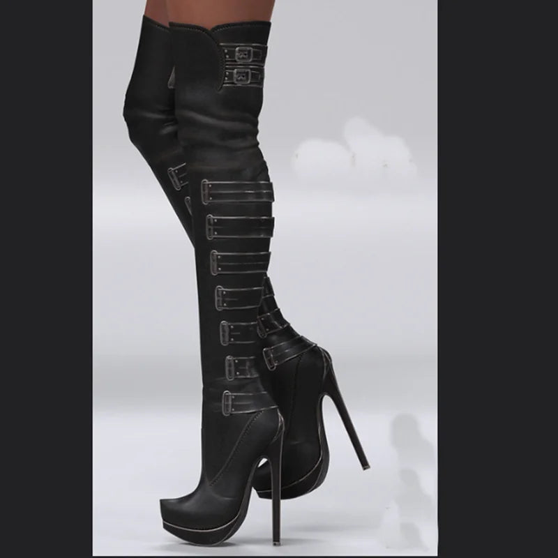 Black Buckle Matte Platform Boots Thin High Heel