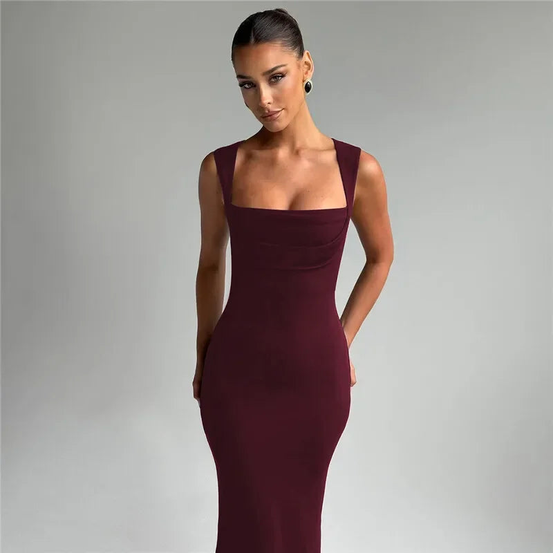 Square Collar Sleeveless Sexy Maxi Dress For Woman Fashion Spring Summer New High Waist Bodycon Club Party Long Dress - Shellss
