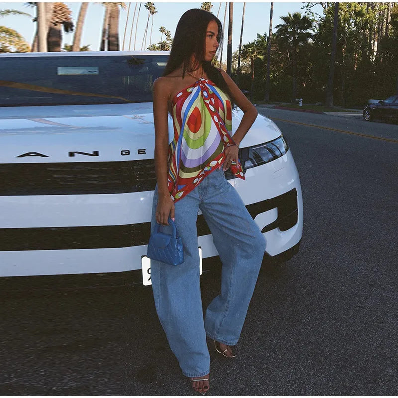Fashion Printed Halter Vest Skirts Sets Women's Sleeveless Backless Tops Floor-length Skirt 2025 Summe New Beach Vacation suit