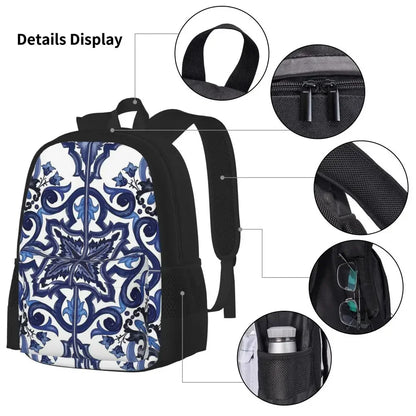 Blue Ornate Floral Mediterranean Sicilian Tile Backpacks Bookbag Children School Bags Rucksack Lunch Bag Pen Bag Three-Piece Set