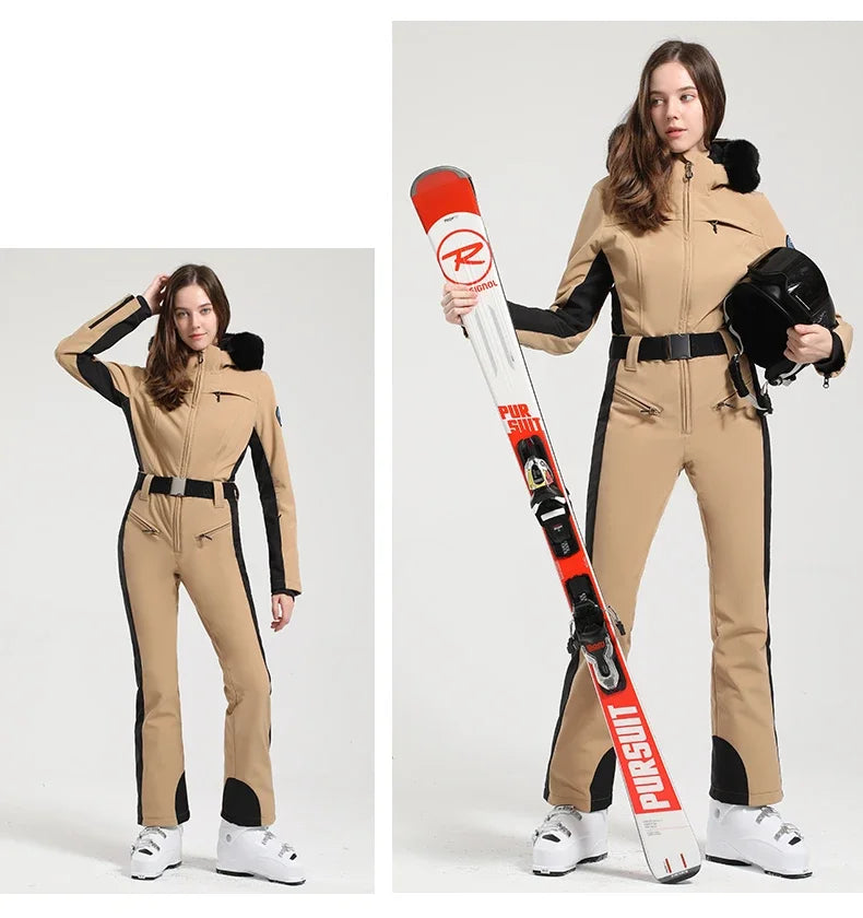 One-piece Ski Suit Women Thickening Snowboard Female Overalls Winter Windproof Waterproof Breathable Clothing Skiing Suit