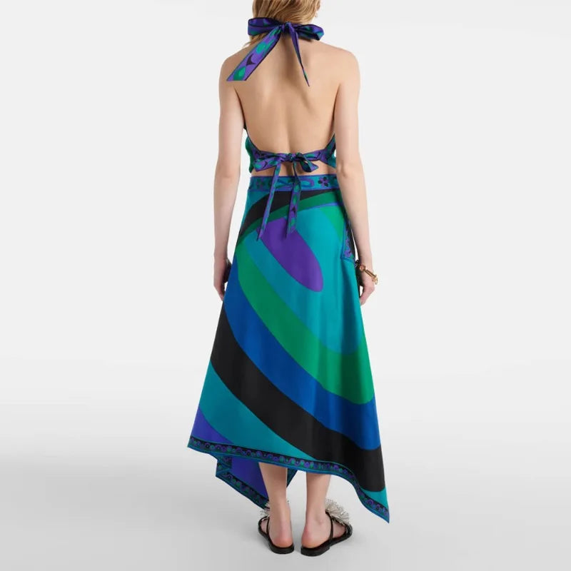 Irregular Satin Print Suit Women Halter Neck Lace Up Tank Top Midi Skirt 2 Pieces Set 2026 New Lady Summer Casual Vacation Wear