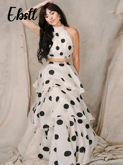 1 Polka Dots Vest Ruffles A-line Long Skirt set
