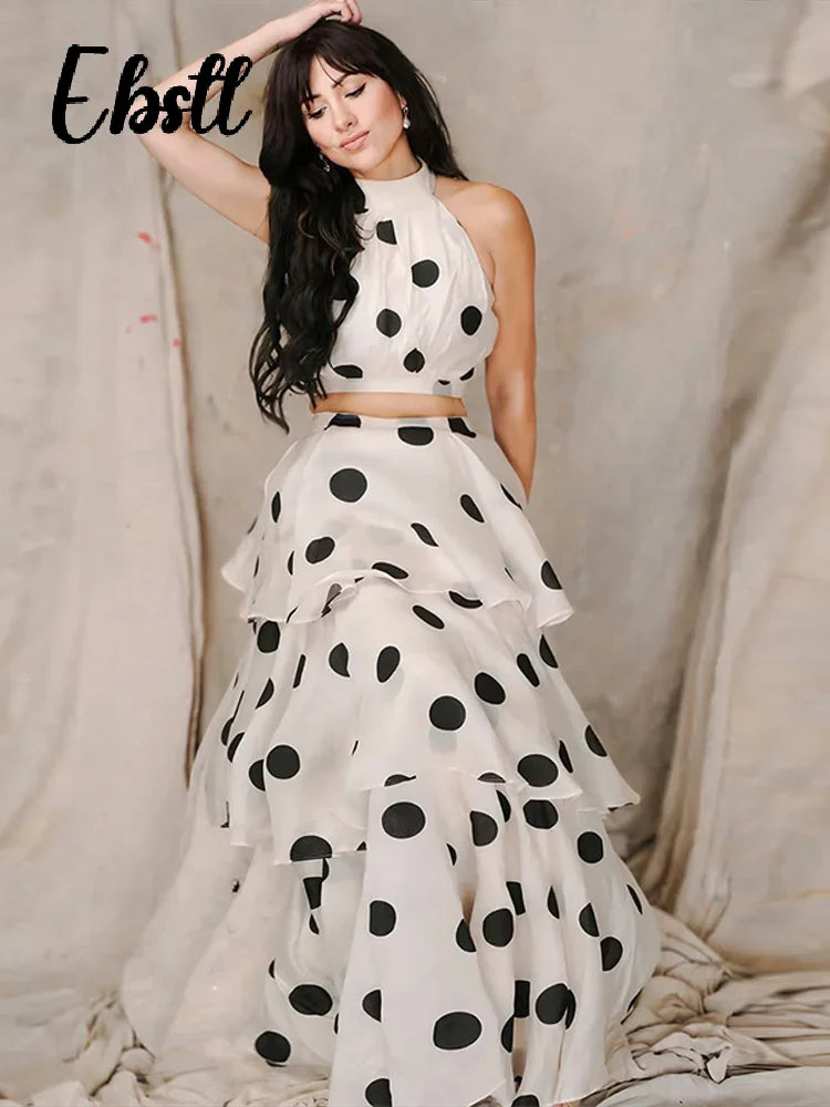 1 Polka Dots Vest Ruffles A-line Long Skirt set